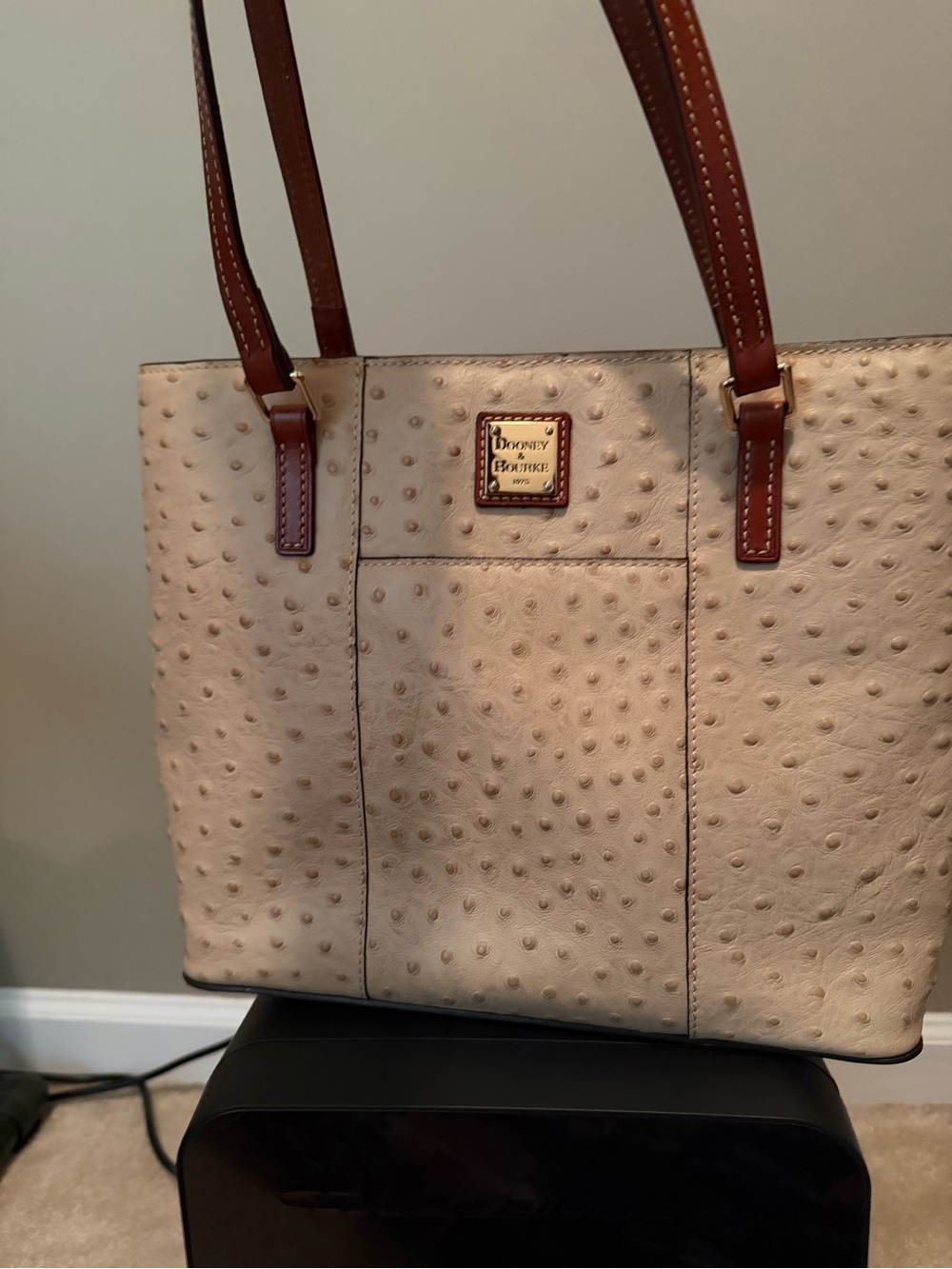 Dooney & Bourke Neutral Ostrich-Embossed Tote with Brown Straps